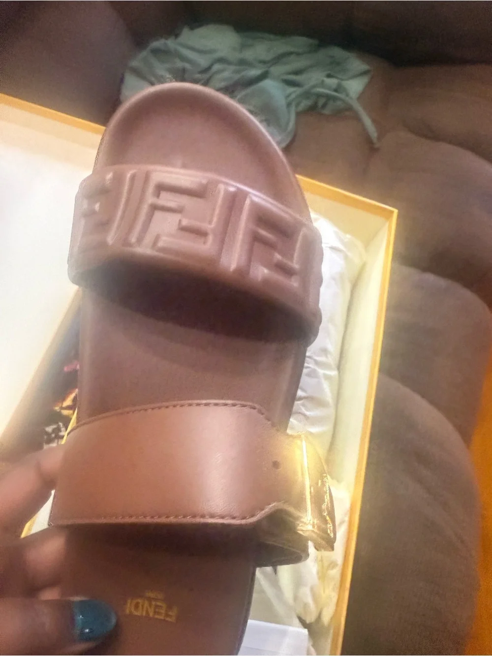 Fendi Brown Leather Slide Sandals with Gold Buckle